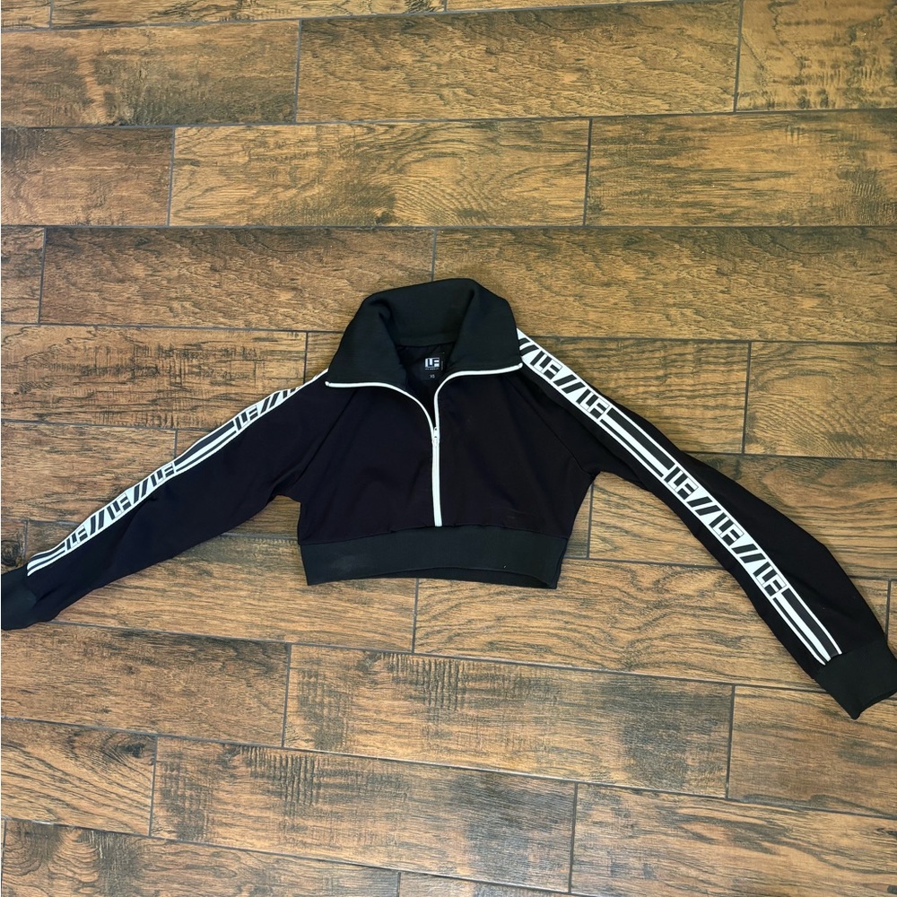LG Black Cropped Zip-Up Jacket with White Stripes